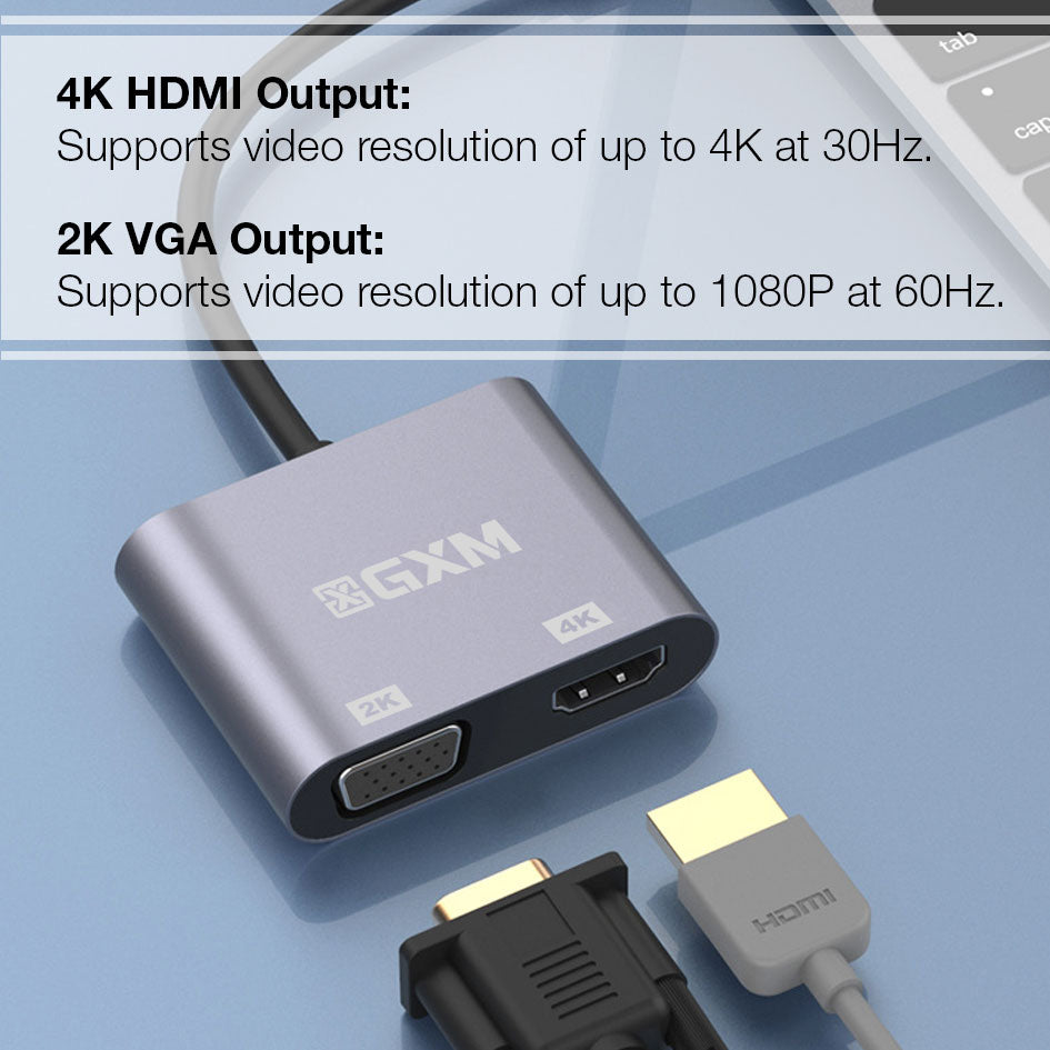 GXM Type-C to HDMI and VGA Adapter 4K HDMI 30Hz and 2K VGA 60Hz work Simultaneous Compatible with Macbook Microsoft Surface HP LG OPPO Samsung Huawei Lenovo Dell OPPO Xiaomi