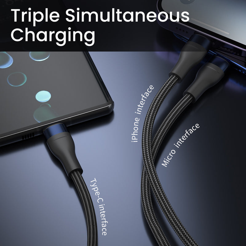 GXM 100W 3 in 1 Quick Charging Data Cable iP Type-C MicroUSB Safety Protection 1.2M Cable Length Triple Simultaneous Charging Cable