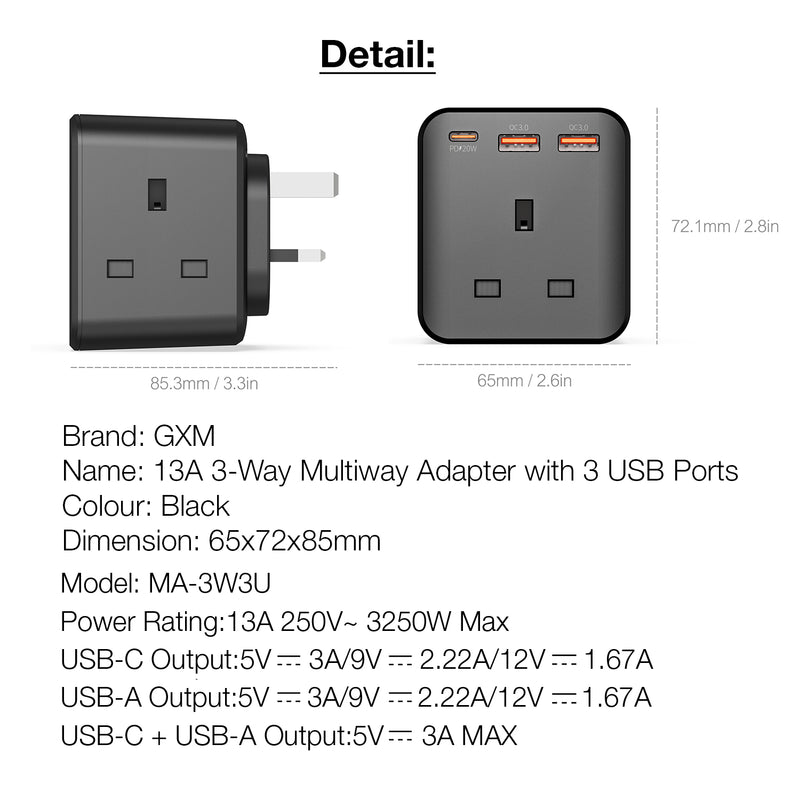 GXM 20W 13A 3-Way Multiway Adapter Wall Charger with 3 USB Ports Type-C USB For iPhone 14 13 12 Pro Max iPad Samsung MA-3W3U Safety Mark
